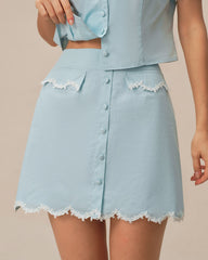 Blue Lace Pocket Button Mini Skirt
