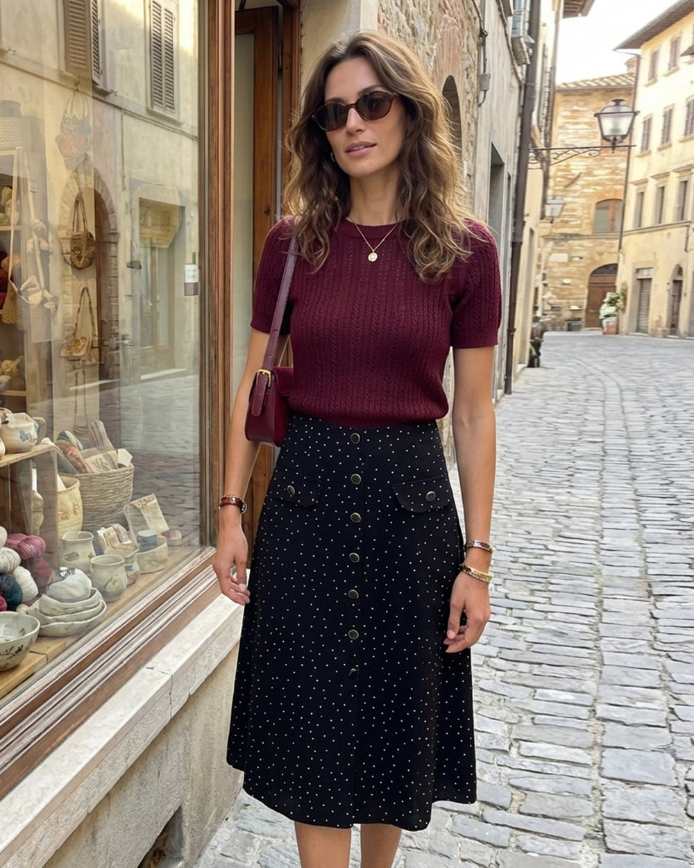 Black Polka Dot Midi Skirt