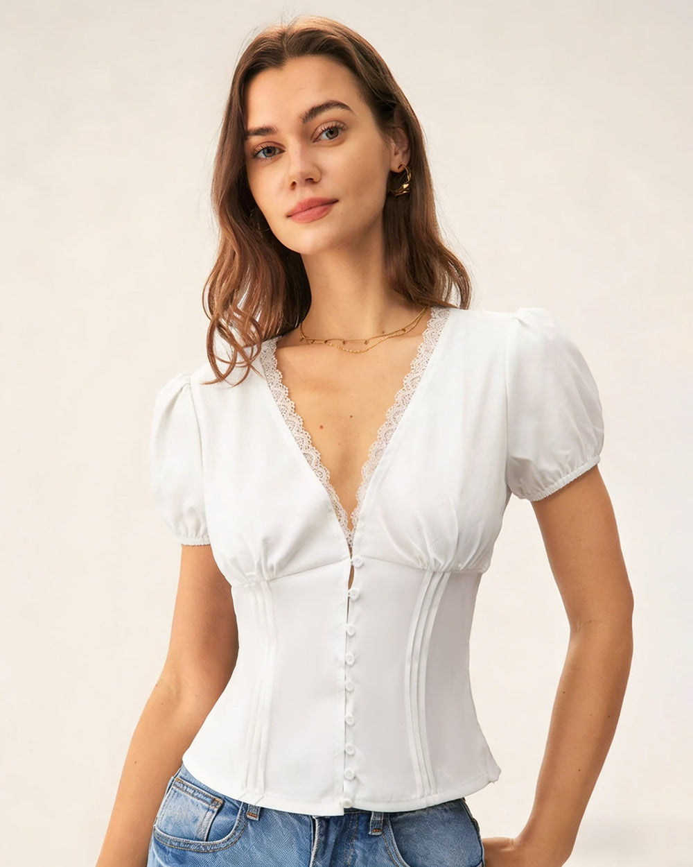 White V Neck Lace Splicing Tee