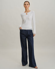 White Round Neck Knit Slim Tee