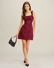 Wine Red Floral Tie Strap Mini Dress