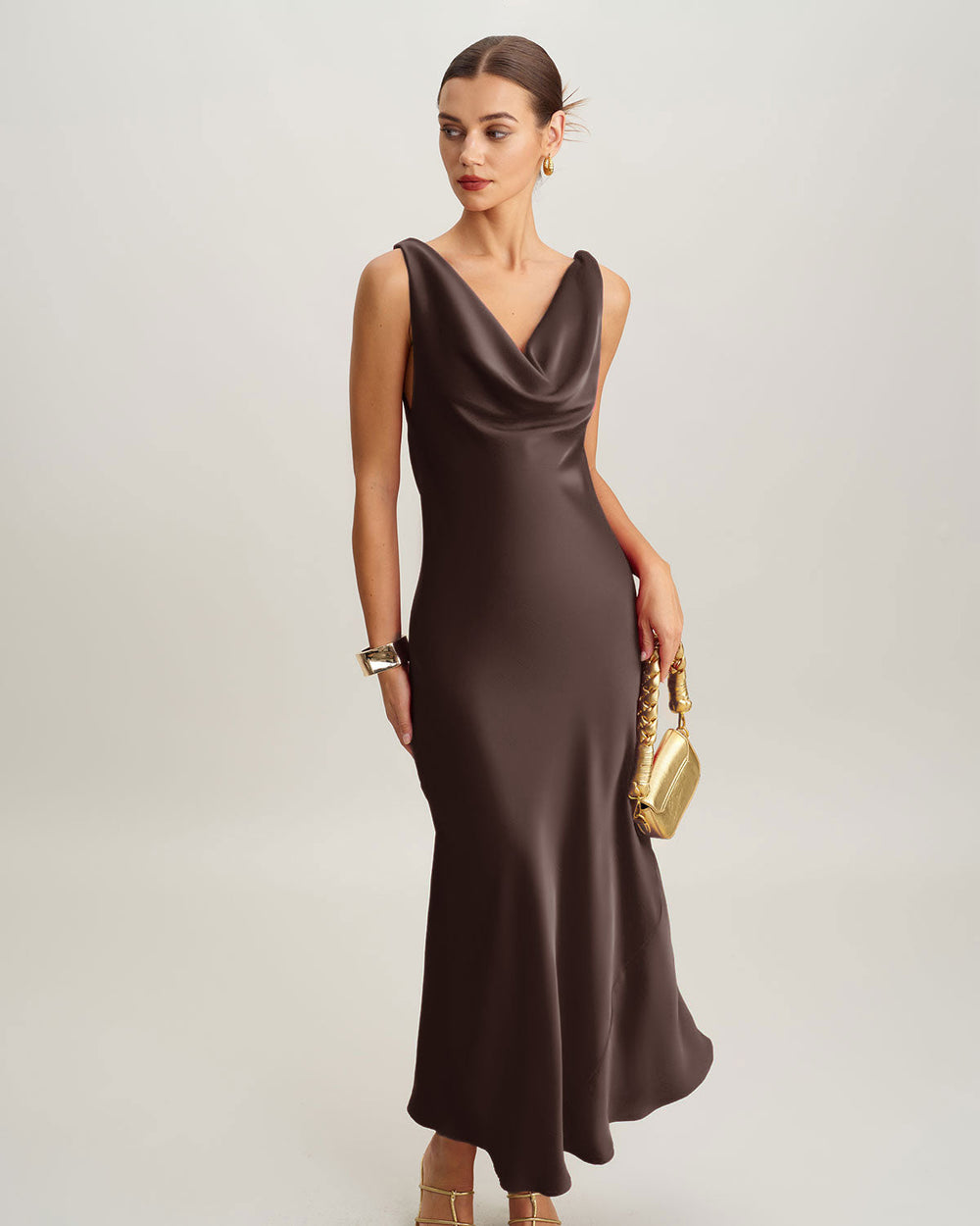 Coffee Cowl Neck Satin Maxi Dress