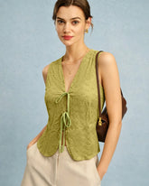 Green V Neck Floral Textured Vest