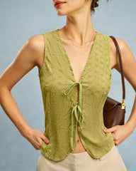Green V Neck Floral Textured Vest