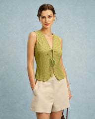 Green V Neck Floral Textured Vest
