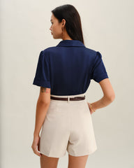 Navy Satin Button Blouse