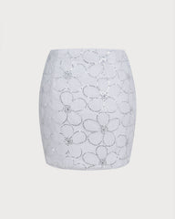 White Floral Sequins Mini Skirt