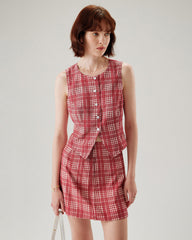 Red Plaid Single Breasted Vest