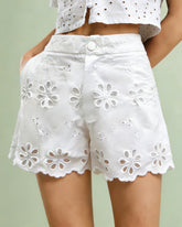 White Floral Button Shorts