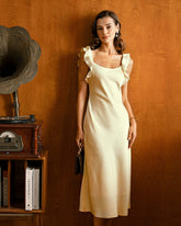 Yellow Square Neck Ruffle Satin Midi Dress