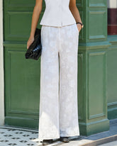 White Floral Textured Elastic Waist Pants