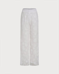 White Floral Textured Elastic Waist Pants