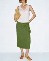 Green Solid Tie Midi Skirt