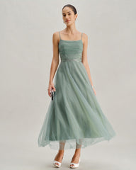 Green Mesh Flowy Slip Midi Dress