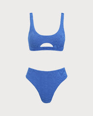 Blue U Neck Textured Bikini Set