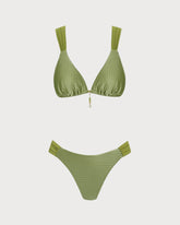 Green V Neck Textured Bikini Set