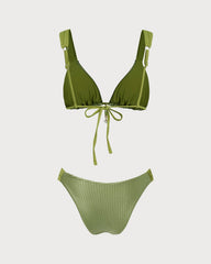 Green V Neck Textured Bikini Set