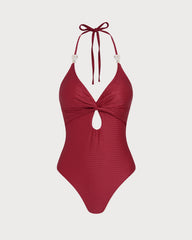 Red Halter Bralette One Piece Swimwear