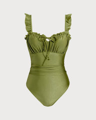 Green Ruched Bralette One Piece Swimwear