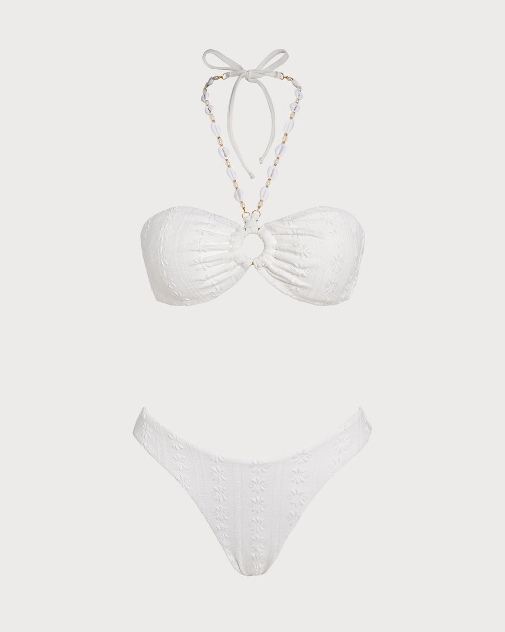 White Halter Jacquard Bandeau Bikini Set