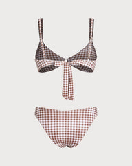 Coffee Plaid O-Ring Bikini Sets