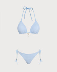 Blue Halter Drawstring Triangle Bikini Set
