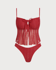 Red Square Neck Sequins Tankini Set