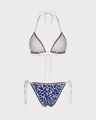 Blue Halter Floral Triangle Bikini Set