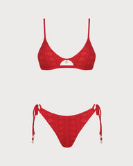 Red U Neck Textured Bikini Set