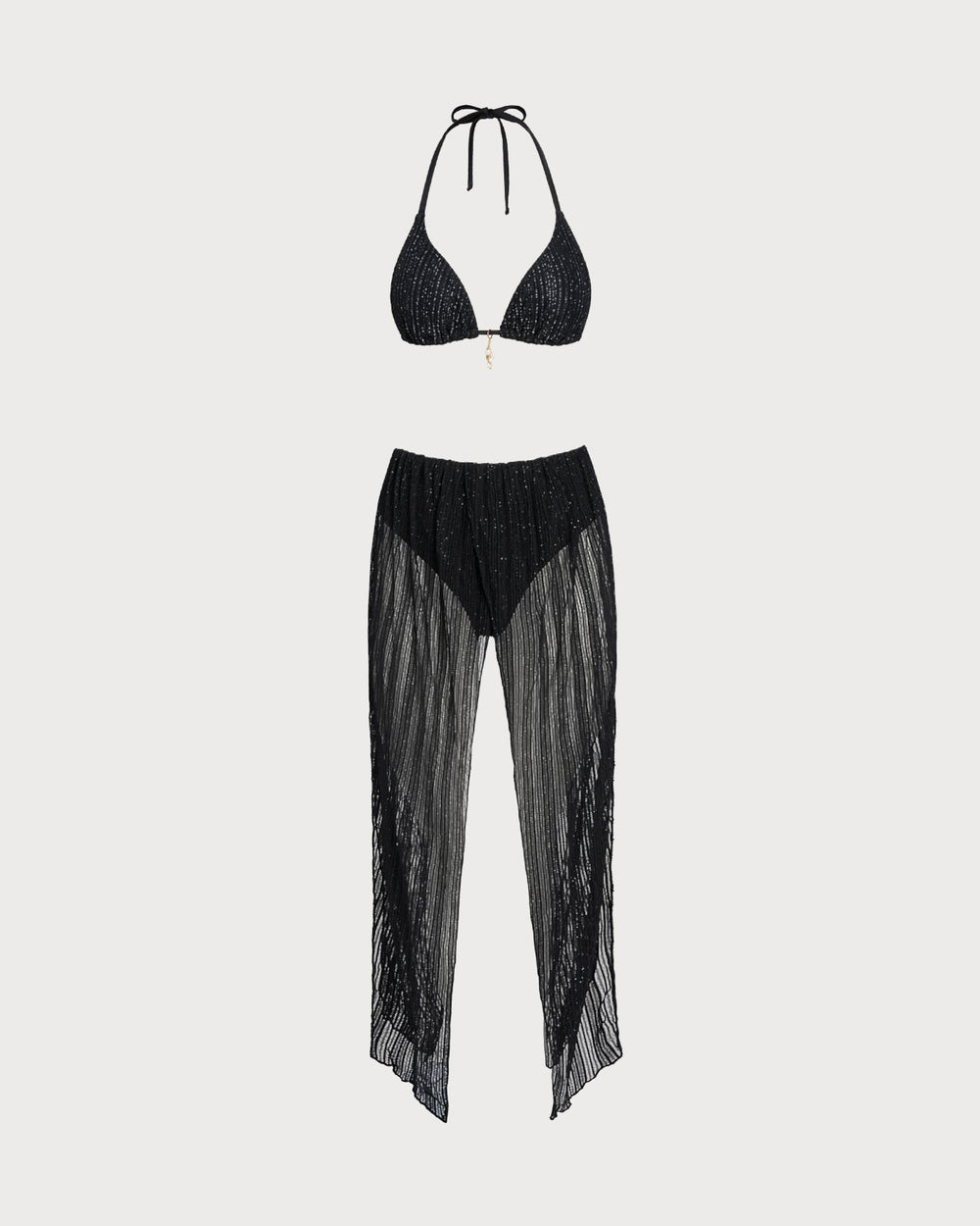Black Halter Drawstring Triangle Bikini Set