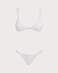 White V Neck Textured Bralette Bikini Set