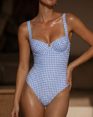 Blue Plaid Underwire One Piece