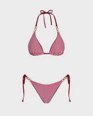Red Halter Drawstring Reversible Bikini Set