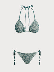 Green Floral Halter Drawstring Bikini Sets