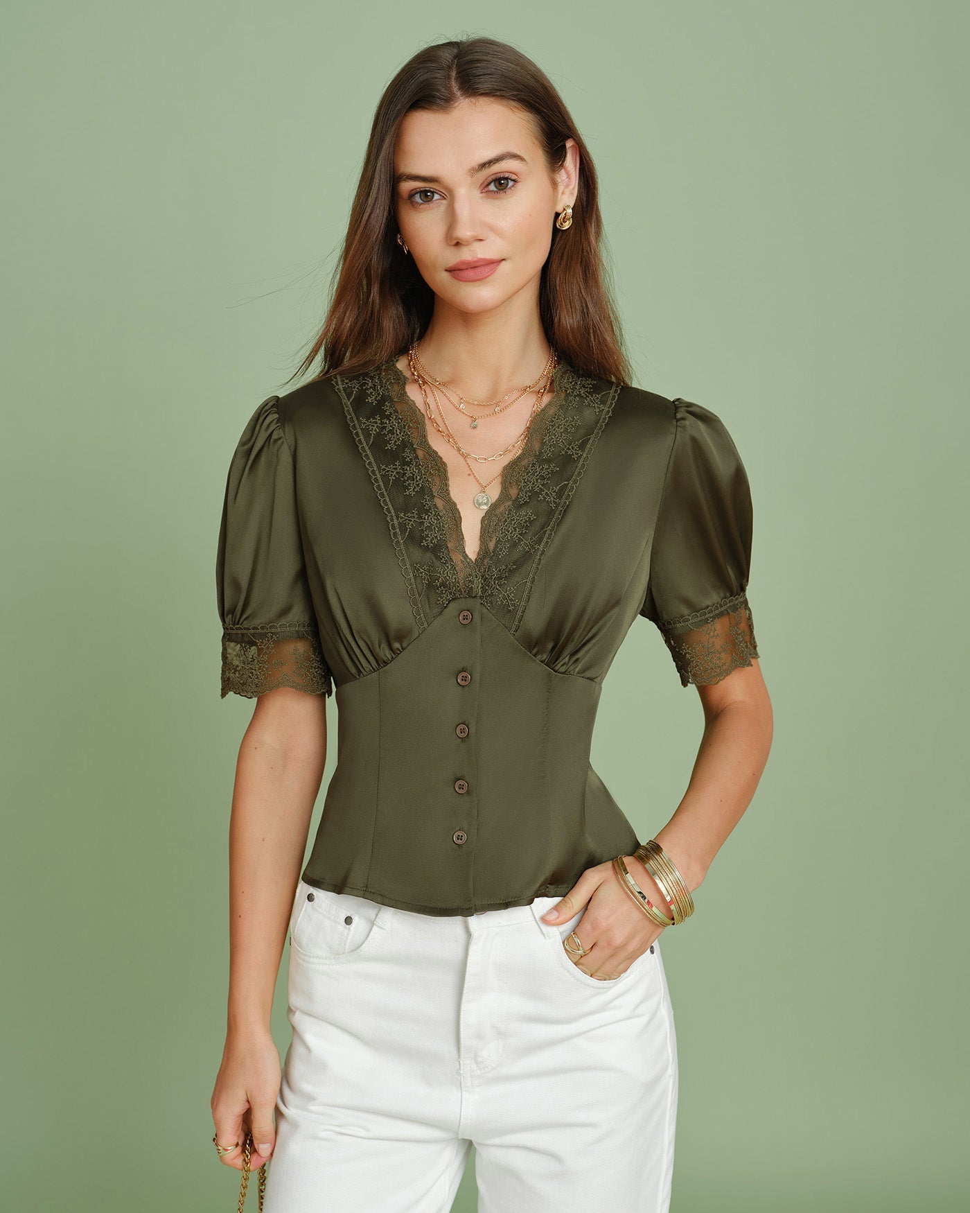 Green V Neck Puffed Sleeve Lace Blouse