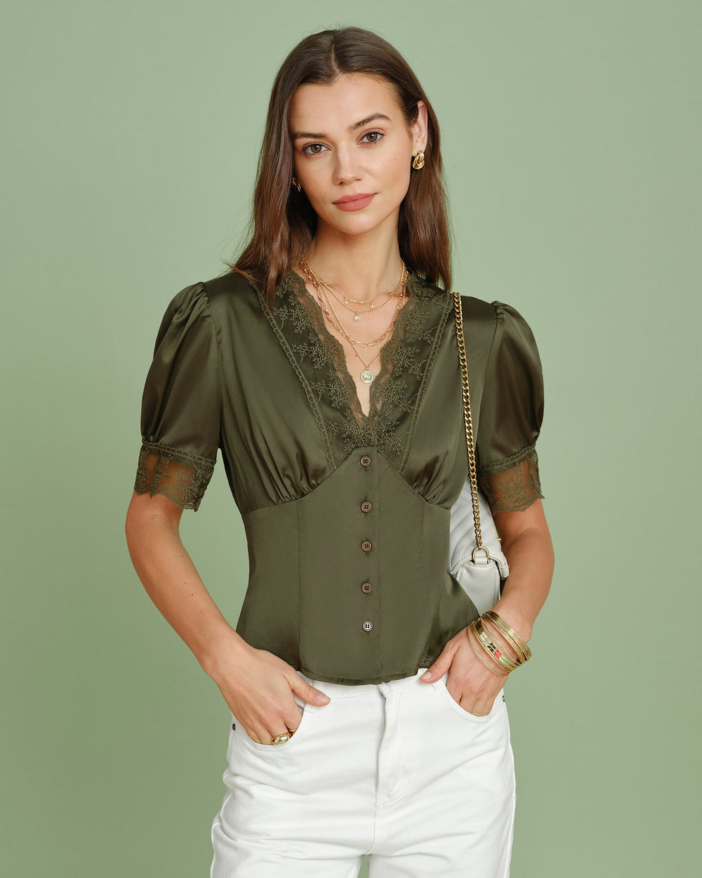 Green V Neck Puffed Sleeve Lace Blouse