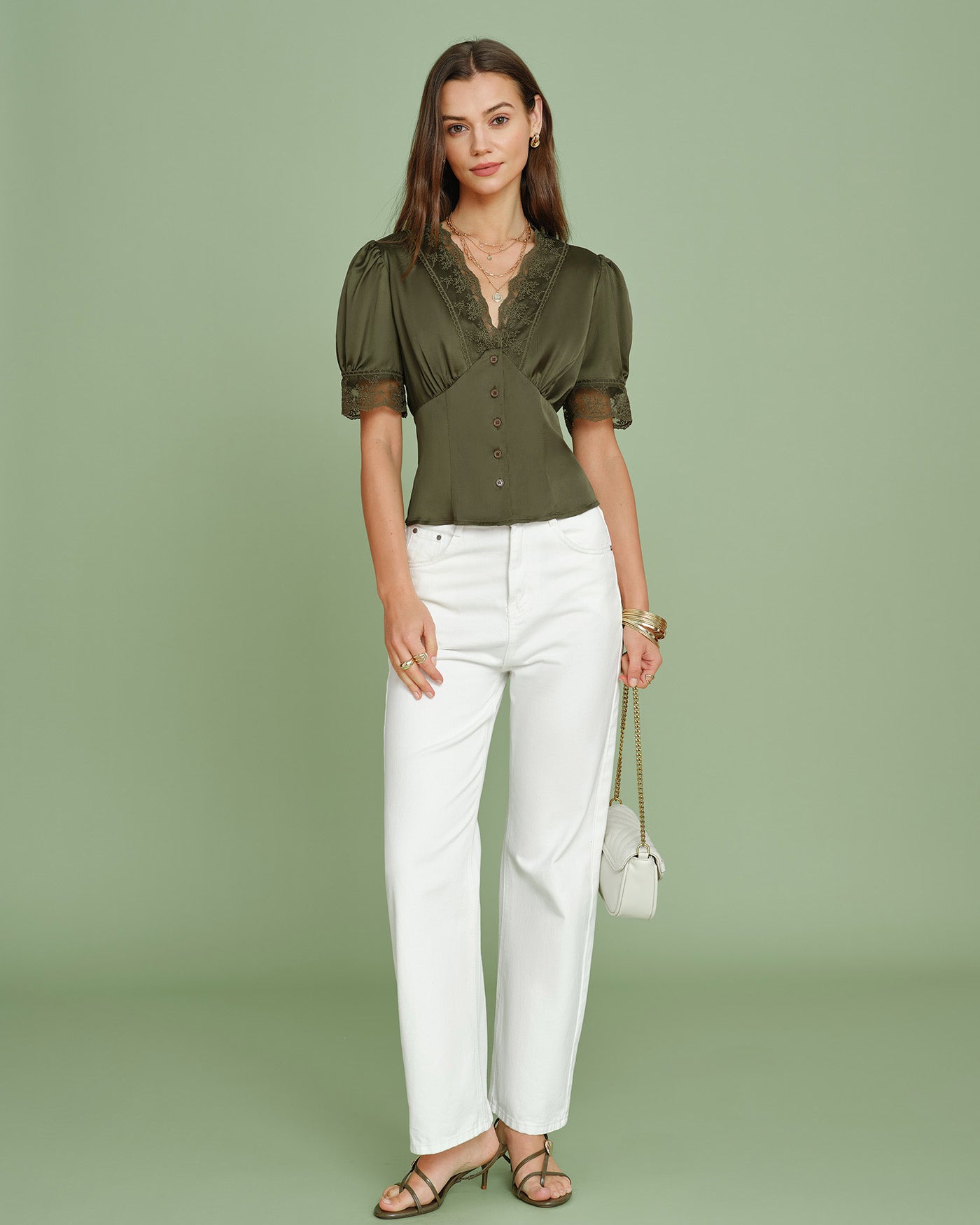 Green V Neck Puffed Sleeve Lace Blouse