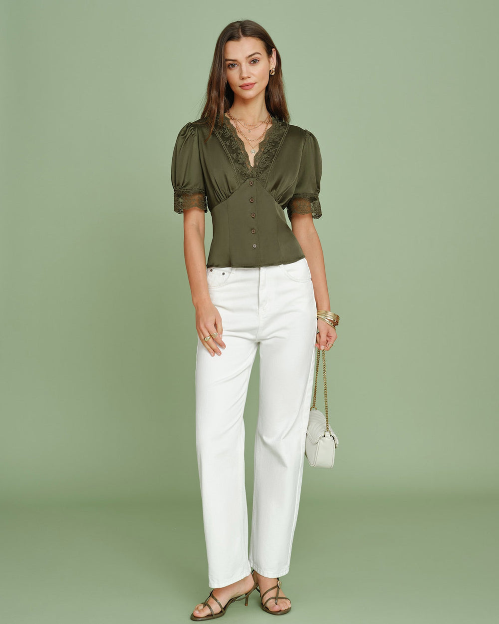 Green V Neck Puffed Sleeve Lace Blouse