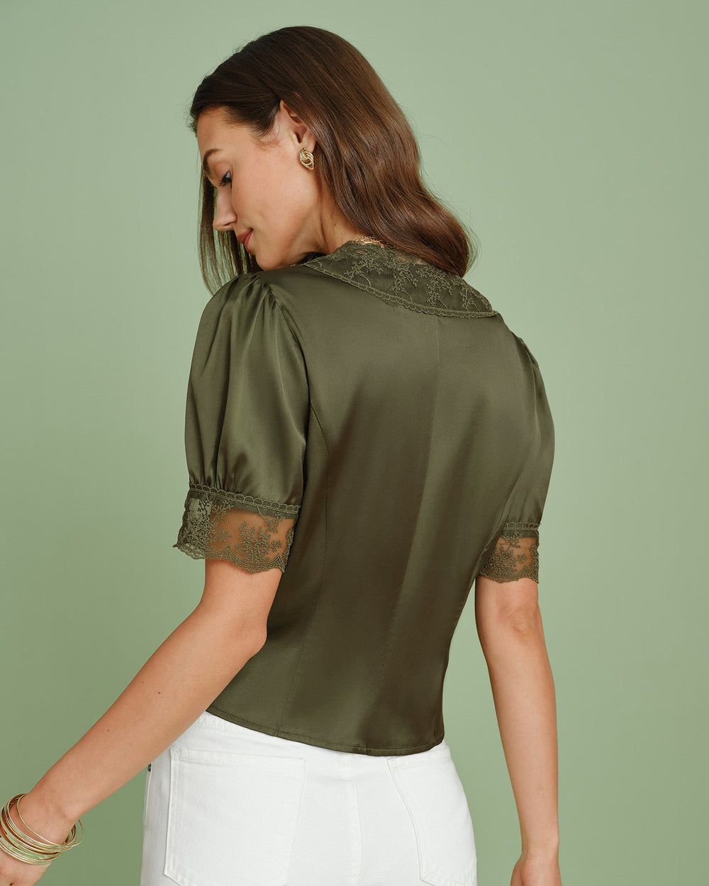 Green V Neck Puffed Sleeve Lace Blouse