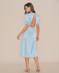 Blue Puffed Sleeve Backless Satin Midi Dress