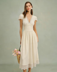 Apricot V Neck Lace Maxi Dress