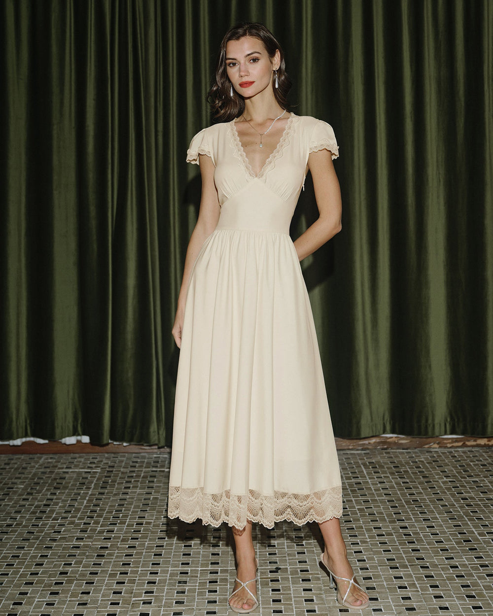 Apricot V Neck Lace Maxi Dress
