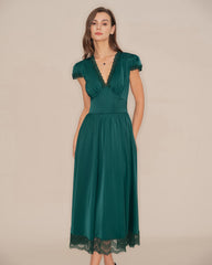 Green V Neck Lace Maxi Dress