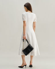 White Puffed Sleeve V Neck Midi Dress