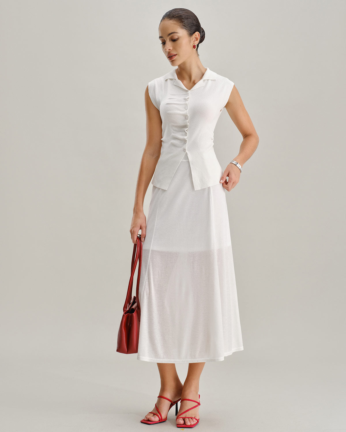 White Elastic Waist Straight Midi Skirt