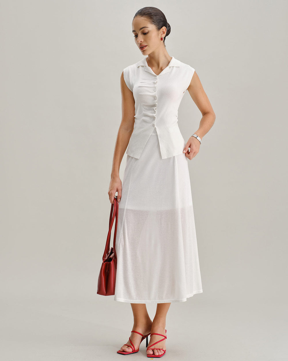 White Elastic Waist Straight Midi Skirt