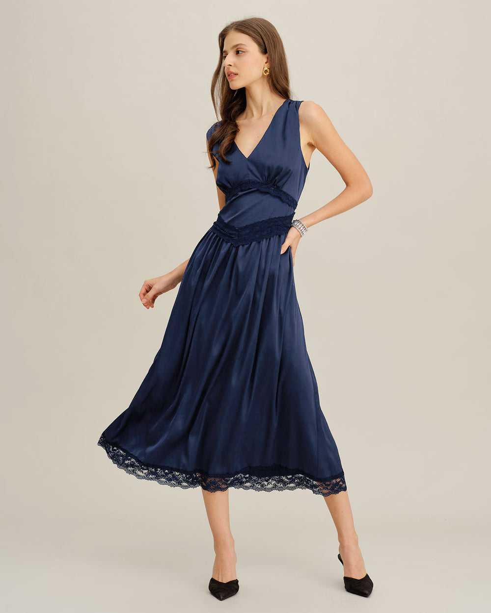 Blue V Neck A-Line Sleeveless Midi Dress