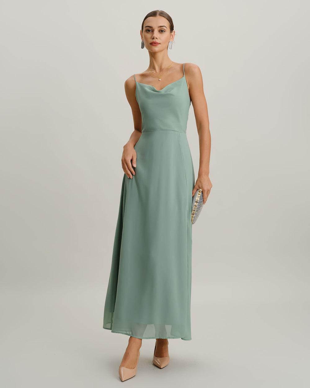 Green A-Line Backless Slip Maxi Dress