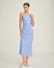 Blue Halter Jacquard Slip Maxi Dress