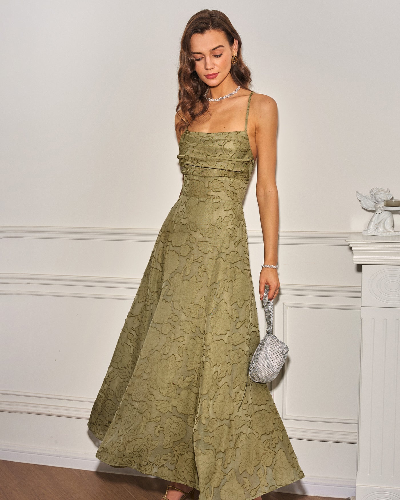 Green X Cross Jacquard Slip Maxi Dress